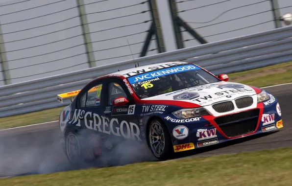 Picture grass, asphalt, smoke, bmw, BMW, track, 320tc, Tom Coronel