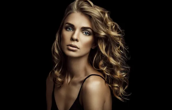 Look, girl, makeup, curls, black background