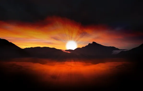 The sky, the sun, clouds, rays, mountains, dawn