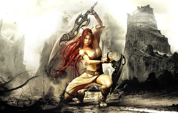 Picture girl, the city, weapons, warrior, Heavenly Sword, ruins, swords, Nariko