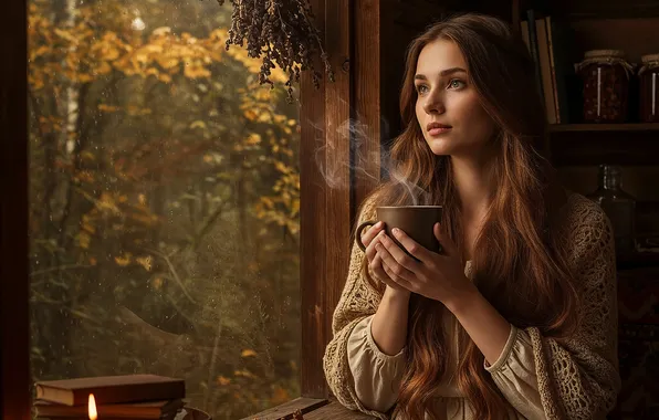 Autumn, forest, girl, branches, nature, pose, comfort, heat