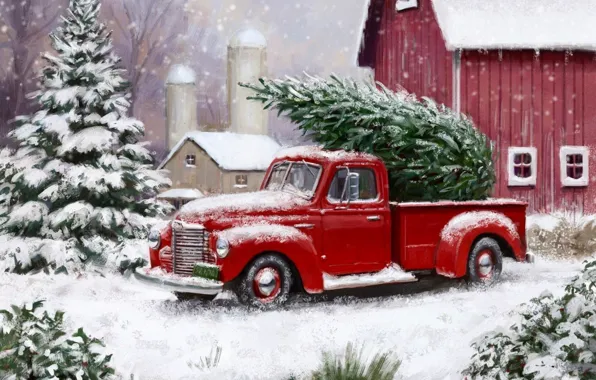 Winter, machine, snow, Christmas, truck, New year, herringbone