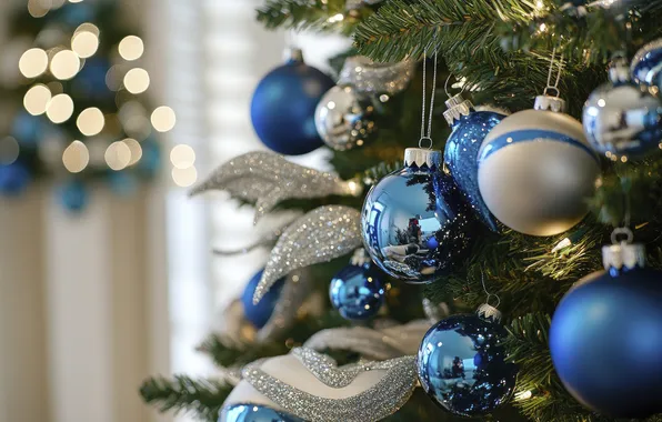 Balls, Christmas, New year, herringbone, blue, bokeh, AI art, neural network