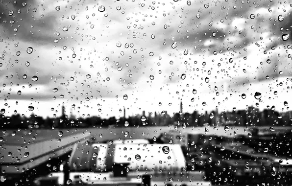 Picture glass, drops, macro, the city, b & W photo