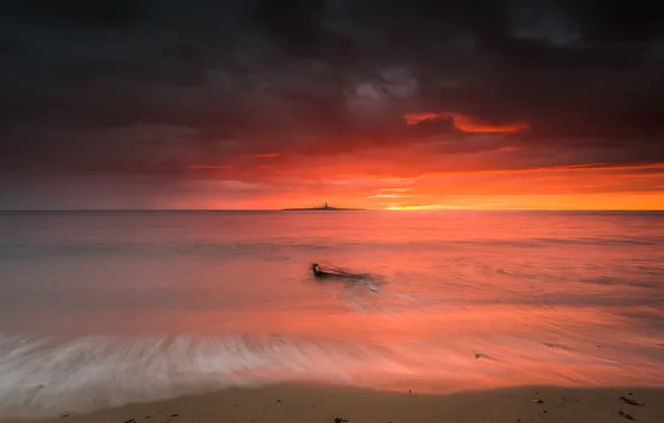 Sand, sea, beach, the sky, sunset, clouds, shore, lighthouse