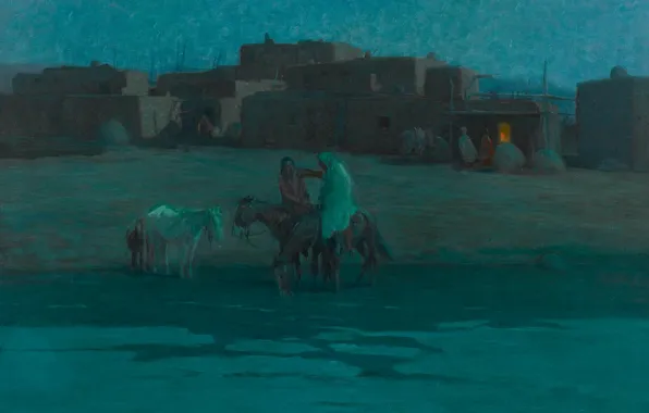 Picture home, the evening, horse, Oscar Edmund Berninghaus, Twilight Taos Pueblo