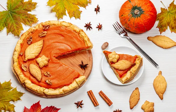 Autumn, leaves, pie, pumpkin, still life