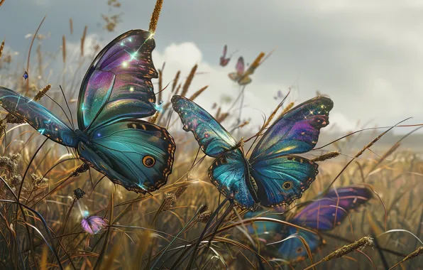 Picture grass, butterfly, art, pair