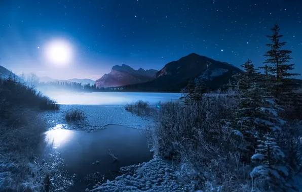 Picture winter, mountains, night, lake, the moon, ate, frost, Canada
