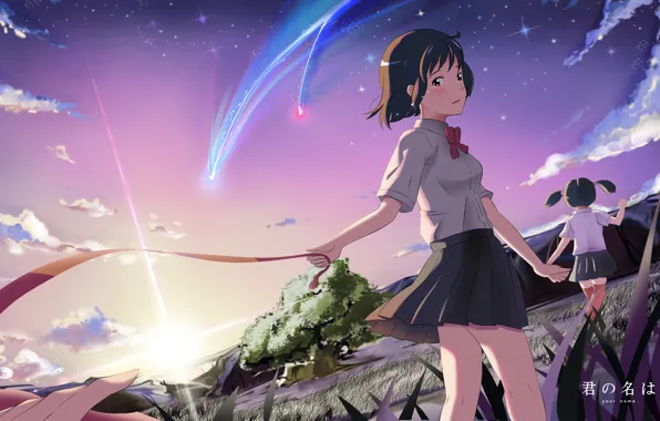 The sky, stars, clouds, sunset, nature, girls, anime, tears