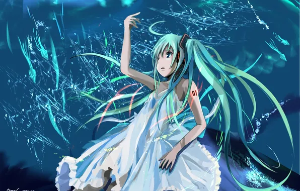 The sky, girl, clouds, night, headphones, tattoo, art, vocaloid