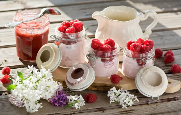 Picture berries, raspberry, still life, dessert, lilac, jam