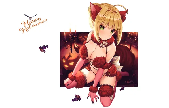 White background, fur, halloween, candy, green eyes, pumpkins, candlesticks, Fox ears