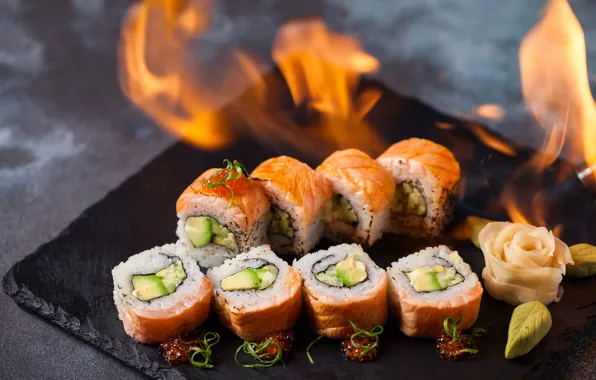 Picture fire, caviar, rolls, salmon