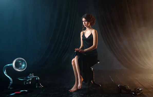 Pose, background, model, portrait, makeup, dress, brunette, hairstyle