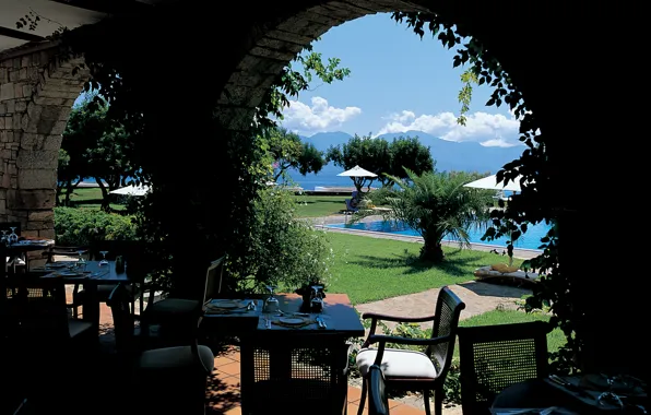 Clouds, trees, Palma, chairs, Sea, pool, tables, cafe