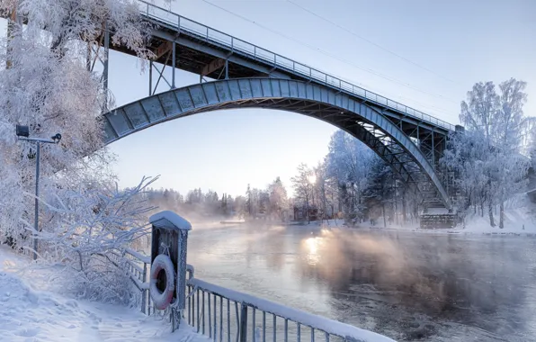 Picture winter, snow, bridge, river, morning, arch