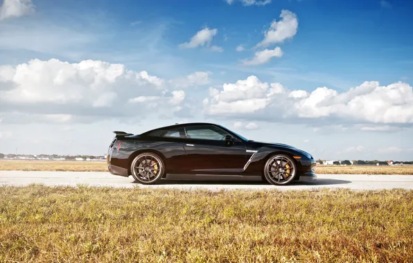 Road, the sky, clouds, black, nissan, profile, wheels, drives