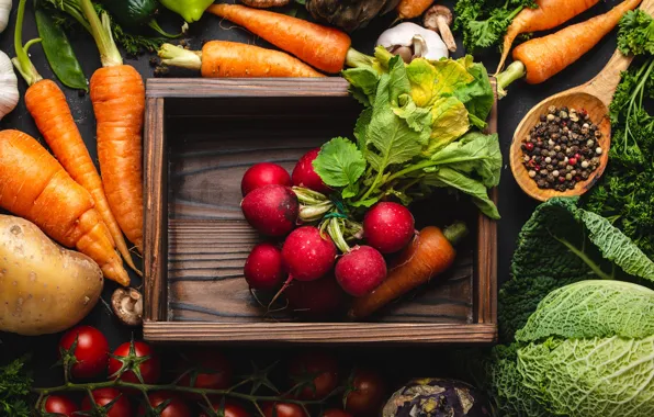 Harvest, box, vegetables, tomatoes, carrots, a lot, cabbage, spices