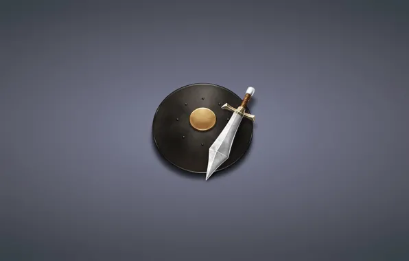 Picture minimalism, sword, shield, dark background