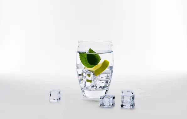Picture ice, water, glass, lemon, mint