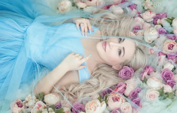 Look, girl, flowers, face, pose, smile, woman, portrait