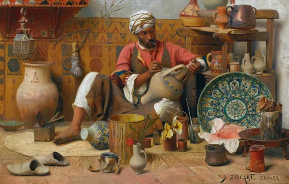 Picture oil, canvas, French painter, 1910, Jean Discart, pottery, Jean Discart, The Pottery Workshop