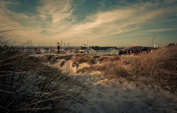 Sand, beach, the sky, Marina, home, plants, boats, port