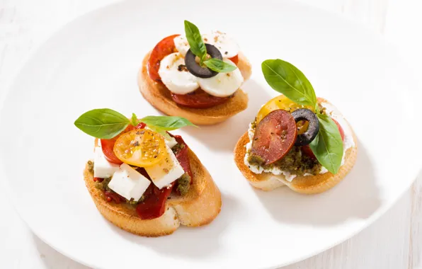 Picture mini, cheese, tomatoes, olives, sandwiches, appetizer, Basil, feta