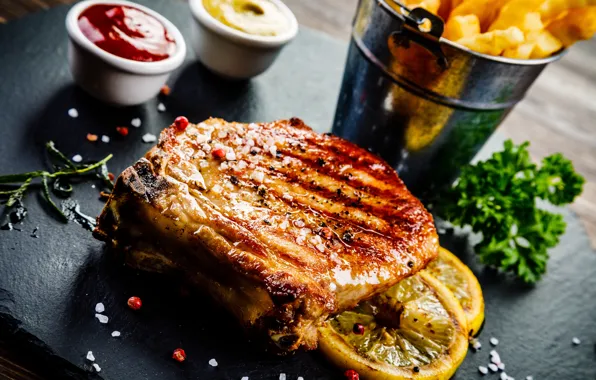 Picture lemon, food, meat, sauce, slices, French fries