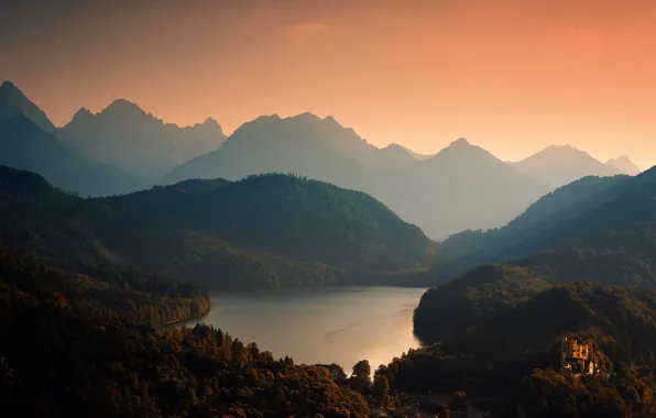 The sky, sunset, mountains, lake, castle, forest, Germany, Hohenschwangau