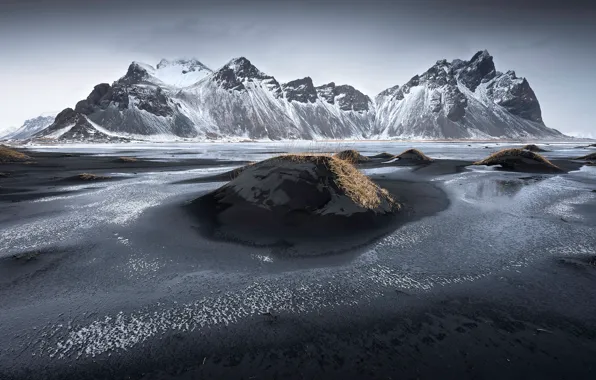 Picture mountains, shore, Iceland