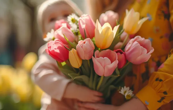 Flowers, holiday, bouquet, spring, tulips, AI art, universal holiday background, neural network