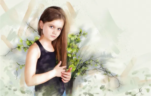 Look, flowers, face, style, background, figure, graphics, portrait