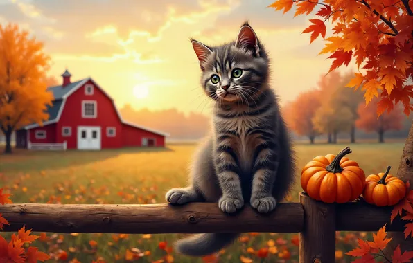 Field, autumn, cat, look, the sun, clouds, trees, branches