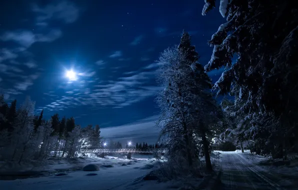 Winter, road, trees, night, bridge, river, the moon, Sweden