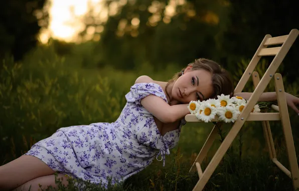 Girl, flowers, pose, chamomile, dress, chair, nature, Diana