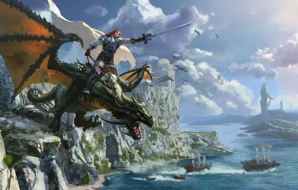 Sea, castle, rocks, dragon, ships, sword, warrior, art