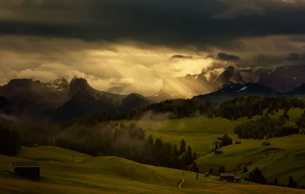 The sky, light, mountains, meadow