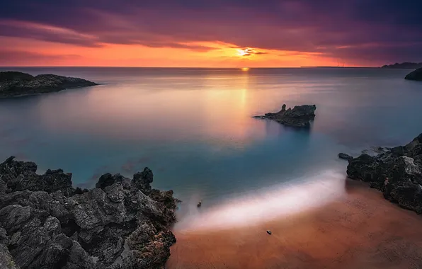 Sea, landscape, sunset, rocks