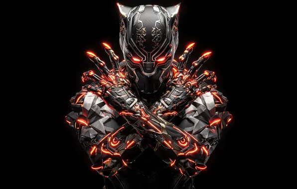 Picture Steampunk, Black Panther, Futuristic, Black background, AI art