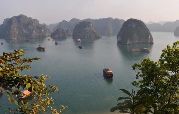 Picture rocks, ship, Vietnam, Halong