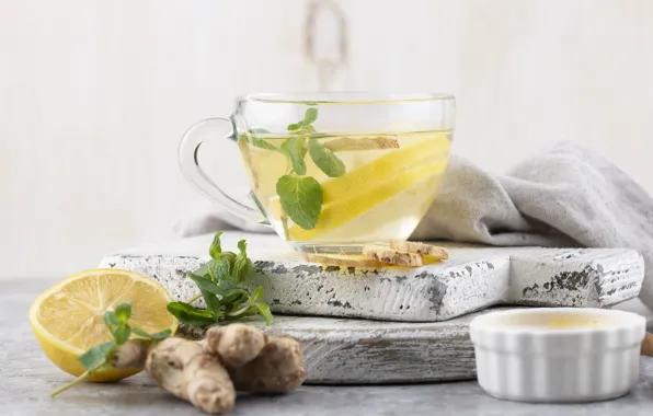 Glass, table, lemon, tea, towel, honey, mug, Cup