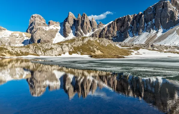 Picture snow, mountains, lake, The Dolomites