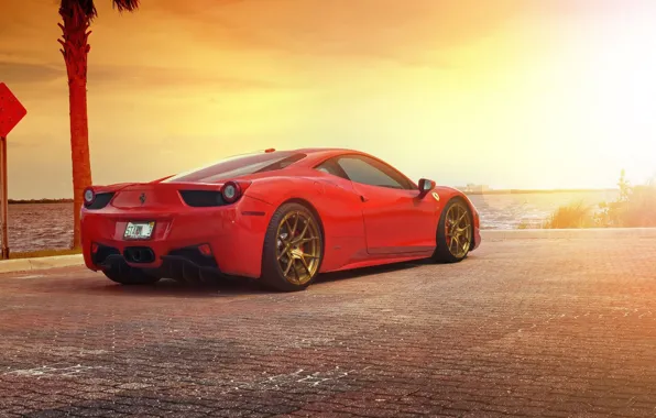 Picture Ferrari, Red, 458, Sun, Sunset, Italia, Sea, Supercar
