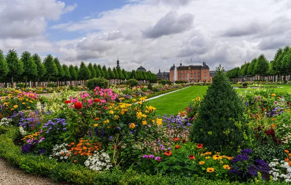 Picture greens, clouds, trees, flowers, Park, castle, lawn, Germany