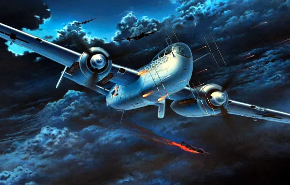 Night, figure, art, hunter, Luftwaffe, Heinkel, Uhu, piston twin-engine night fighter