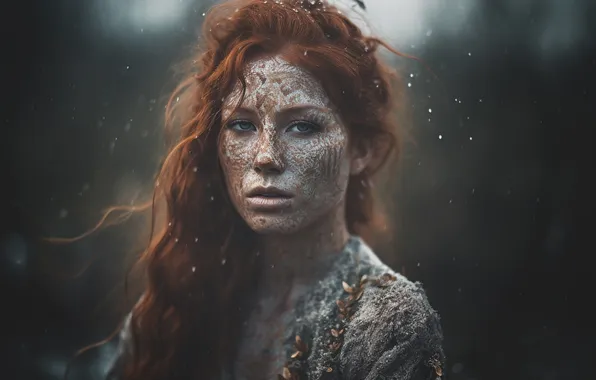 Girl, nature, pose, paint, redhead, painting, AI art, neural network