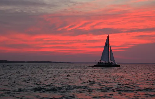 Sea, sunset, romance, coast, boat, the evening, yacht, sails