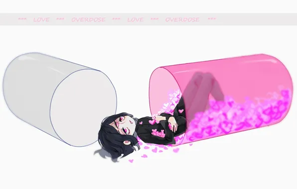 Picture Love, capsule, hearts, white background, guy, euphoria, third eye, lying on her back